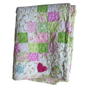 Handmade Patchwork Baby Quilt Pink & Green Floral /Star / Heart Reversible